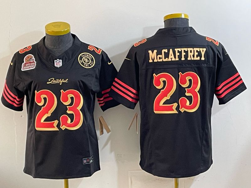 Women 2026 San Francisco 49ers #23 Mccaffrey Black gold Nike Limited NFL Jersey style 03
